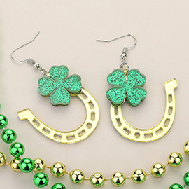 St Patricks Day Glittered Resin Four Leaf Clover Pointed Horseshoe Dangle Earrings