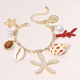 Pearl Paved Starfish Puka Shell Peal Charm Station Chain Bracelet