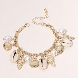 Pearl Puka Shell Metal Shell Charm Station Bracelet