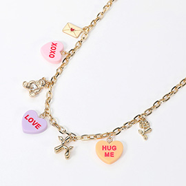 XOXO LOVE HUG ME Message Heart Metal Balloon Dog Teddy Bear Love Letter Charm Station Necklace