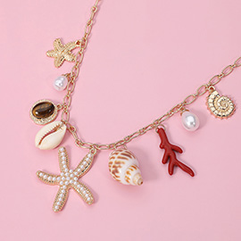 Pearl Starfish Shell Pearl Charm Station Necklace