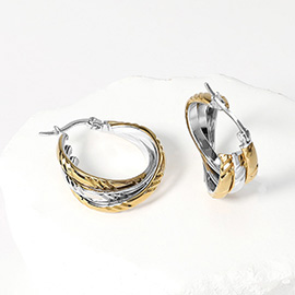 Stainless Steel Textured Twisted Pin Catch Hoop Earrings