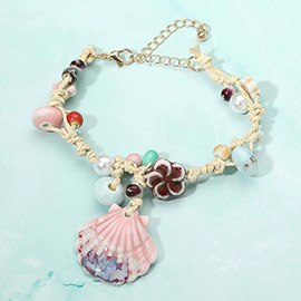 Sea Shell Charm Ceramic Flower Pearl Beaded Raffia Bracelet