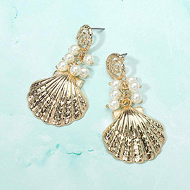 Pearl Embellished Metal Sea Shell Dangle Earrings