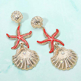 Stone Paved Shell Enamel Starfish Link Dropdown Dangle Earrings