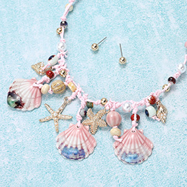 Sea Shell Starfish Puka Shell Pearl Beads Raffia Thread Necklace