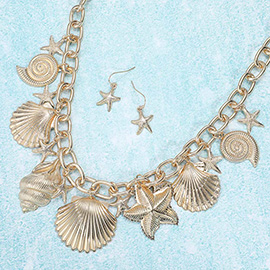 Chunky Metal Sea Shell Starfish Charm Station Chain Necklace