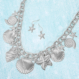 Chunky Metal Sea Shell Starfish Charm Station Chain Necklace