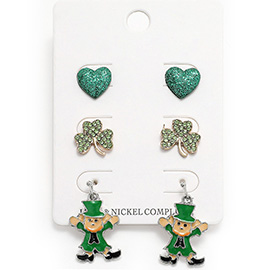 3Pairs - Glittered Enamel St Patricks Heart Shamrock Clover Stud Enamel Leprechaun Dangle Earring Set