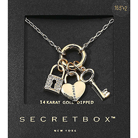 SECRET BOX_14K Gold Dipped Stone Paved Heart Lock Key Pendant Necklace