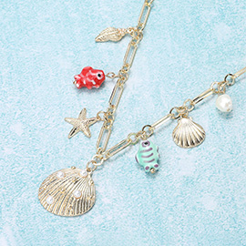 Sea Shell Enamel Fish Starfish Pearl Charm Station Necklace