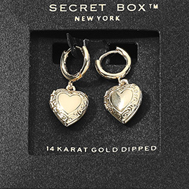 SECRET BOX_14K Gold Dipped Heart Locket Dangle Huggie Earrings