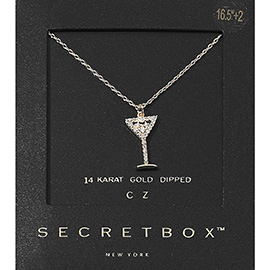 SECRET BOX_14K Gold Dipped CZ Stone Paved Cocktail Glass Pendant Necklace