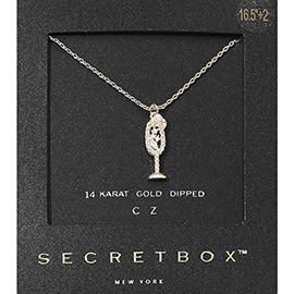 SECRET BOX_14K Gold Dipped CZ Stone Pearl Paved Champagne Glass Pendant Necklace