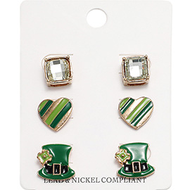 3Pairs - Square Stone Cushion Enamel St Patricks Heart Leprechaun Hat Stud Earring Set