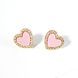 Gold Dipped CZ Stone Paved Rim Heart Stud Earrings