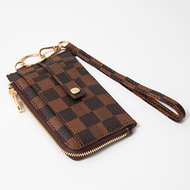 Faux Leather Checkered Flat Card Holder Wallet with Wristlet