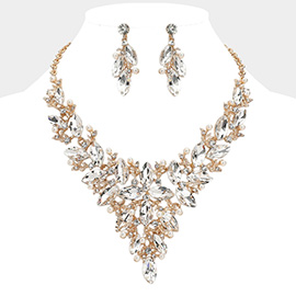 Marquise Glass Stone Cluster Pearl Embellished Vine Evening Necklace