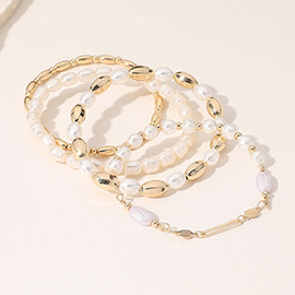 4PCS - Pearl Metal Ball Beaded Stretch Multi Layered Bracelets