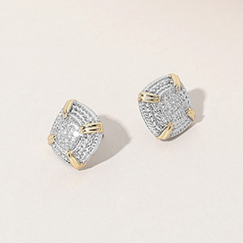 14K Gold Plated CZ Stone Paved Two Tone Square Stud Earrings