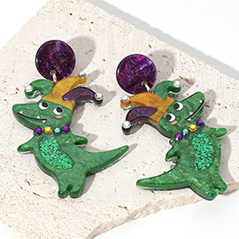 Glittered Resin Mardi Gras Crocodile/Alligator Dangle Earrings