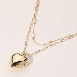 Puffy Heart Pendant Pearl Station Paperclip Chain Layered Necklace