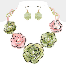 Pearl Pointed Celluloid Acetate Flower Link Chain Statement Necklace