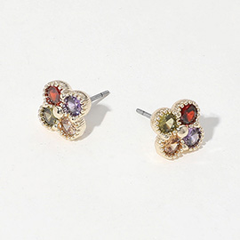 14K Gold Plated Colorful CZ Stone Quatrefoil Stud Earrings