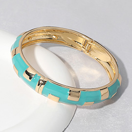 Gold Plated Geographic Patterned Enamel Hinged Bangle Bracelet