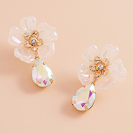 Resin Petal Flower Teardrop Glass Stone Dangle Earrings