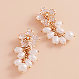 Colored Metal Flower Pearl Cluster Dropdown Earrings