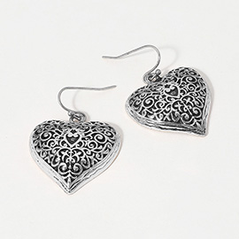 Burnished Metal Filigree Heart Dangle Earrings