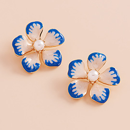 Pearl Pointed Enamel Flower Stud Earrings