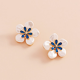 Enamel Flower Centered Pearl Petal Stud Earrings