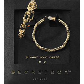 SECRET BOX_14K Gold Dipped CZ Stone Paved Chain Link Hoop Earrings