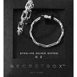 SECRET BOX_Sterling Silver Dipped CZ Stone Paved Chain Link Hoop Earrings