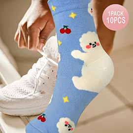 10Pairs - White Fluffy Dog Cherry Patterned Socks