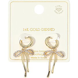 14K Gold Dipped CZ Stone Paved Dangling Ribbon Huggie Earrings