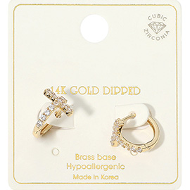 14K Gold Dipped CZ Stone Paved Cross Huggie Hoop Earrings