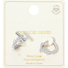 White Gold Dipped CZ Stone Paved Cross Huggie Hoop Earrings