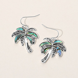 Antique Metal Abalone Pointed Palm Tree Dangle Earrings