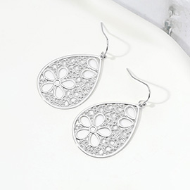 Metal Flower Filigree Teardrop Dangle Earrings