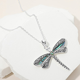 Antique Metal Abalone Pointed Dragonfly Pendant Necklace