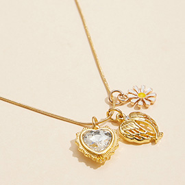 Semi Fine Collection - 18K Gold Dipped Brass Metal Angel Wings Enamel Daisy Flower Heart Stone Charm Pendant Necklace