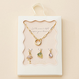 Semi Fine Collection - 18K Gold Dipped Stone Paved Flamingo Tropical Leaf Teardrop Stone Pendant Paperclip Chain Necklace