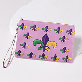 Mardi Gras Fleur de Lis Pattern Printed Pouch Bag / Clutch Bag with Wristlet