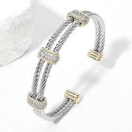 CZ Stone Paved Bar Pointed Two Tone Twisted Split Cuff Bracelet