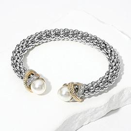 CZ Stone Paved Crisscross Bar Pearl Tip Bubble Cuff Bracelet