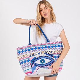 Evil Eye Boho Print Pom Pom fringe Tote Bag