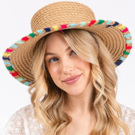 Multi Colored Wide Stitch Trim Straw Sun Hat